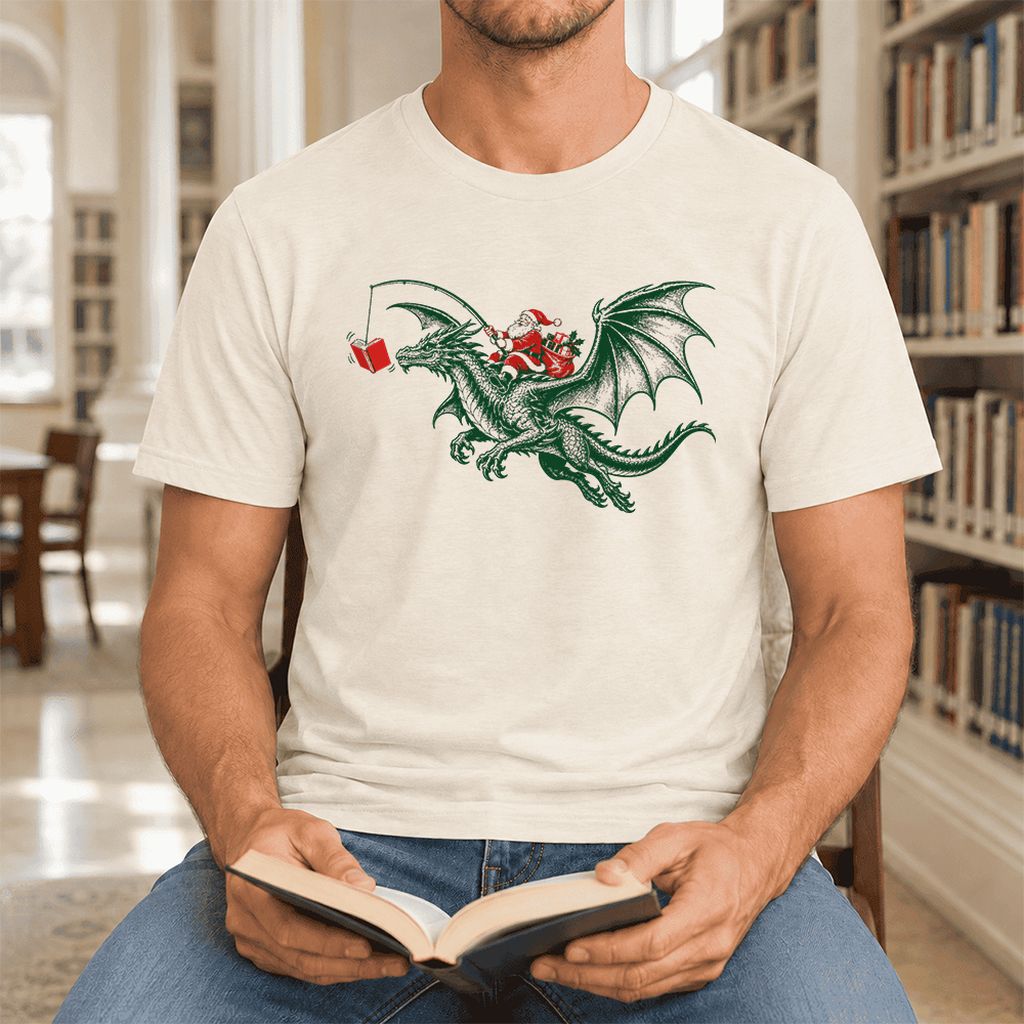 Santa Riding Green Dragon Ultra-Soft Cotton T-Shirt | Fantasy Reader Gift Natural