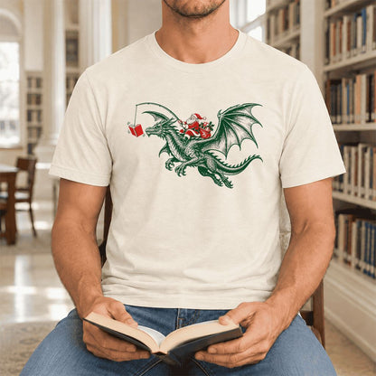 Santa Riding Green Dragon Ultra-Soft Cotton T-Shirt | Fantasy Reader Gift Natural