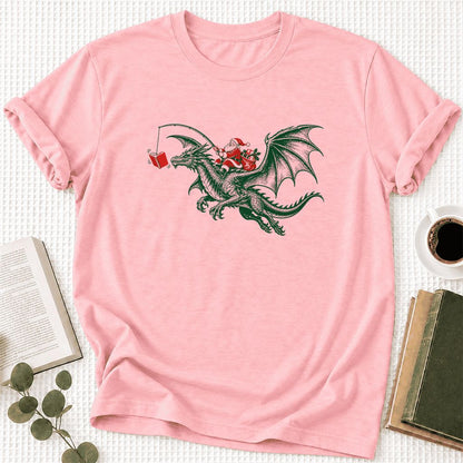 Santa Riding Green Dragon Ultra-Soft Cotton T-Shirt | Fantasy Reader Gift Pink