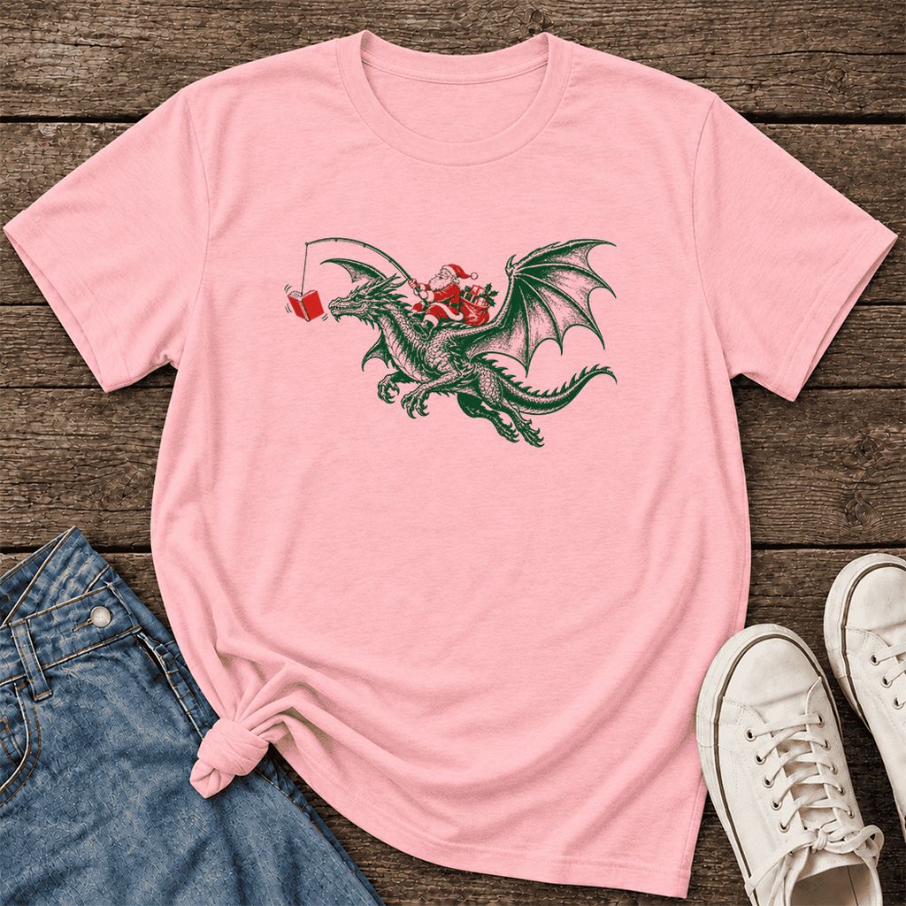 Santa Riding Green Dragon Ultra-Soft Cotton T-Shirt | Fantasy Reader Gift Pink