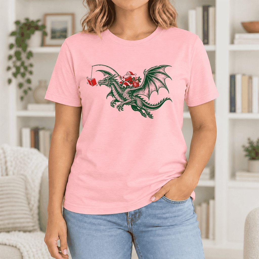 Santa Riding Green Dragon Ultra-Soft Cotton T-Shirt | Fantasy Reader Gift Pink
