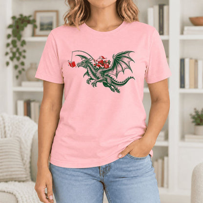 Santa Riding Green Dragon Ultra-Soft Cotton T-Shirt | Fantasy Reader Gift Pink
