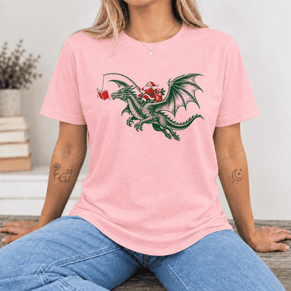 Santa Riding Green Dragon Ultra-Soft Cotton T-Shirt | Fantasy Reader Gift Pink