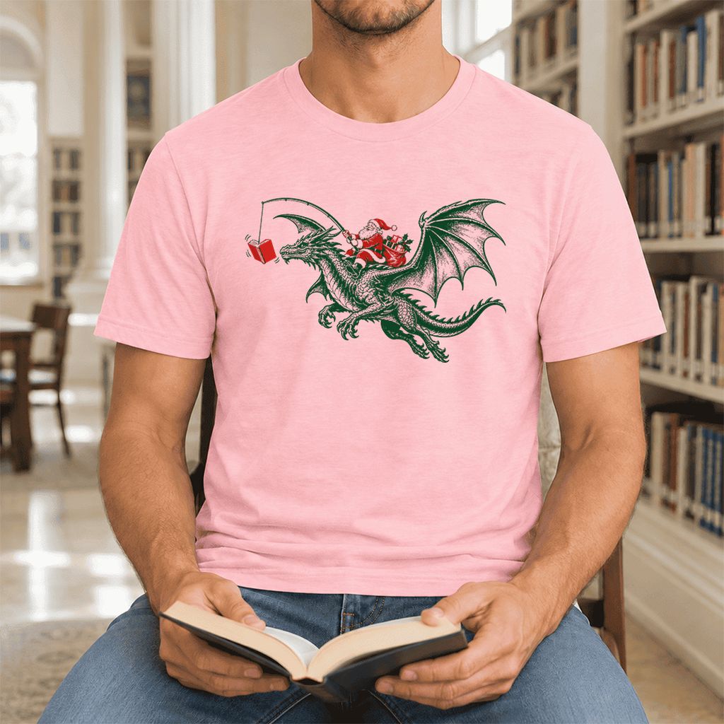 Santa Riding Green Dragon Ultra-Soft Cotton T-Shirt | Fantasy Reader Gift Pink