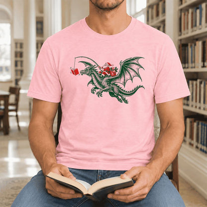 Santa Riding Green Dragon Ultra-Soft Cotton T-Shirt | Fantasy Reader Gift Pink