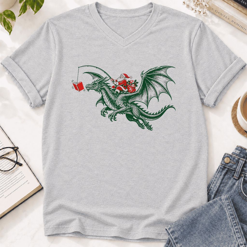 Santa Riding Green Dragon Ultra-Soft V-Neck | Christmas Fantasy Reader Gift Ash