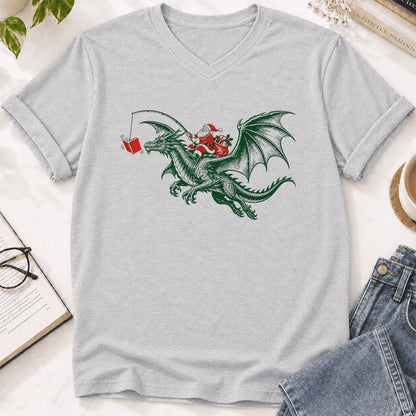 Santa Riding Green Dragon Ultra-Soft V-Neck | Christmas Fantasy Reader Gift Ash