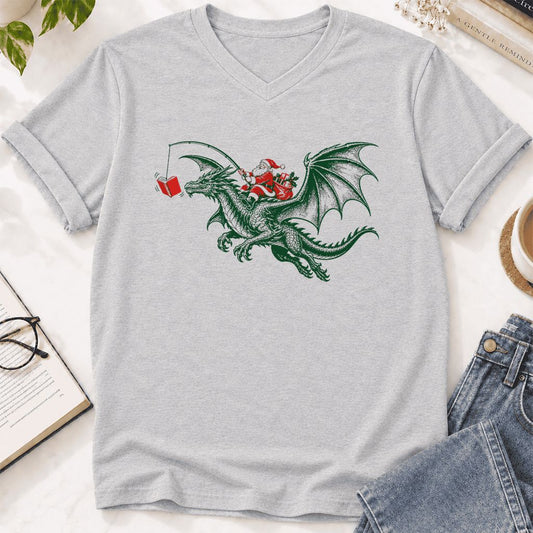 Santa Riding Green Dragon Ultra-Soft V-Neck | Christmas Fantasy Reader Gift Ash
