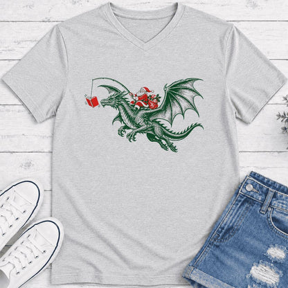 Santa Riding Green Dragon Ultra-Soft V-Neck | Christmas Fantasy Reader Gift Ash