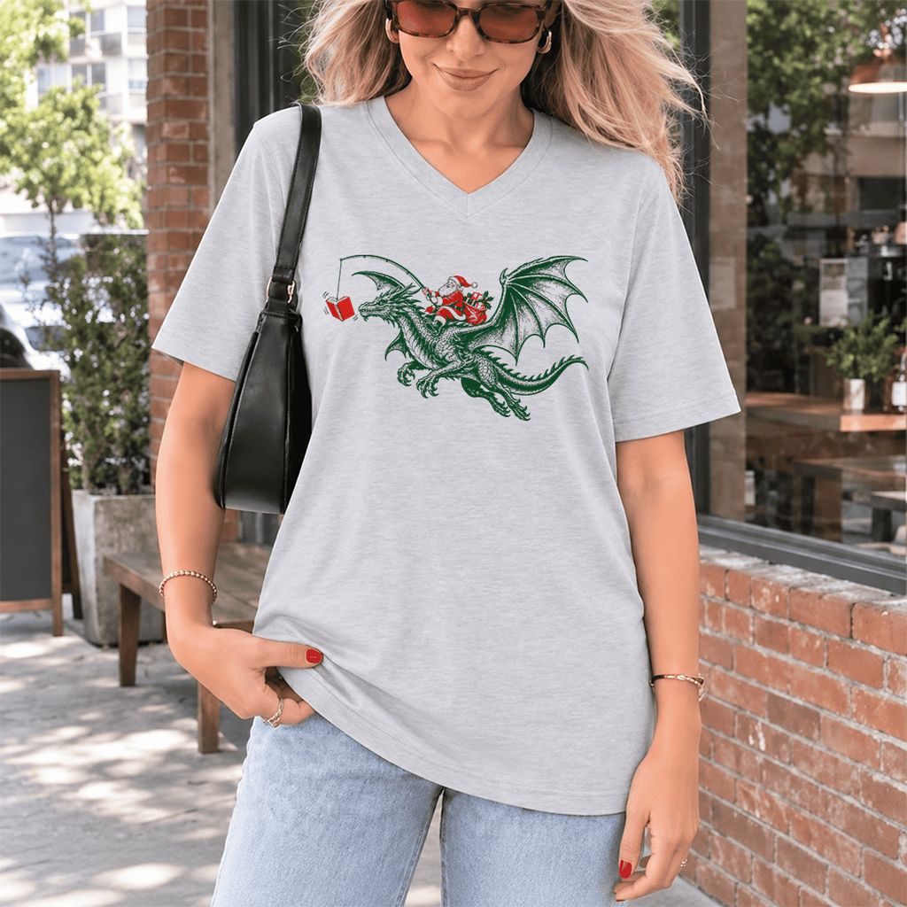 Santa Riding Green Dragon Ultra-Soft V-Neck | Christmas Fantasy Reader Gift Ash