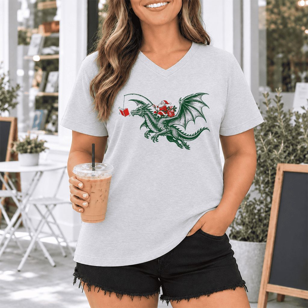 Santa Riding Green Dragon Ultra-Soft V-Neck | Christmas Fantasy Reader Gift Ash