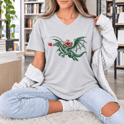 Santa Riding Green Dragon Ultra-Soft V-Neck | Christmas Fantasy Reader Gift Ash