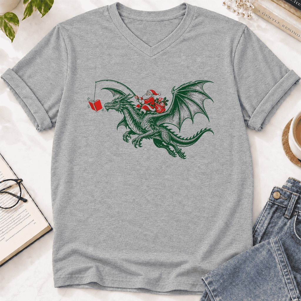 Santa Riding Green Dragon Ultra-Soft V-Neck | Christmas Fantasy Reader Gift Athletic Heather