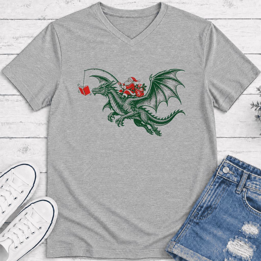 Santa Riding Green Dragon Ultra-Soft V-Neck | Christmas Fantasy Reader Gift Athletic Heather