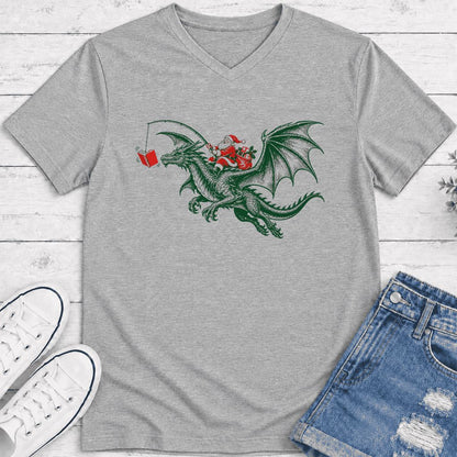 Santa Riding Green Dragon Ultra-Soft V-Neck | Christmas Fantasy Reader Gift Athletic Heather