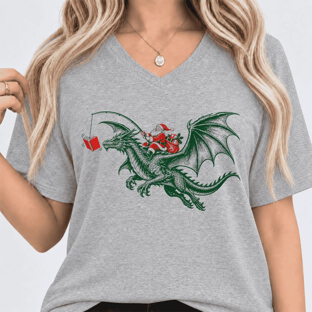 Santa Riding Green Dragon Ultra-Soft V-Neck | Christmas Fantasy Reader Gift Athletic Heather