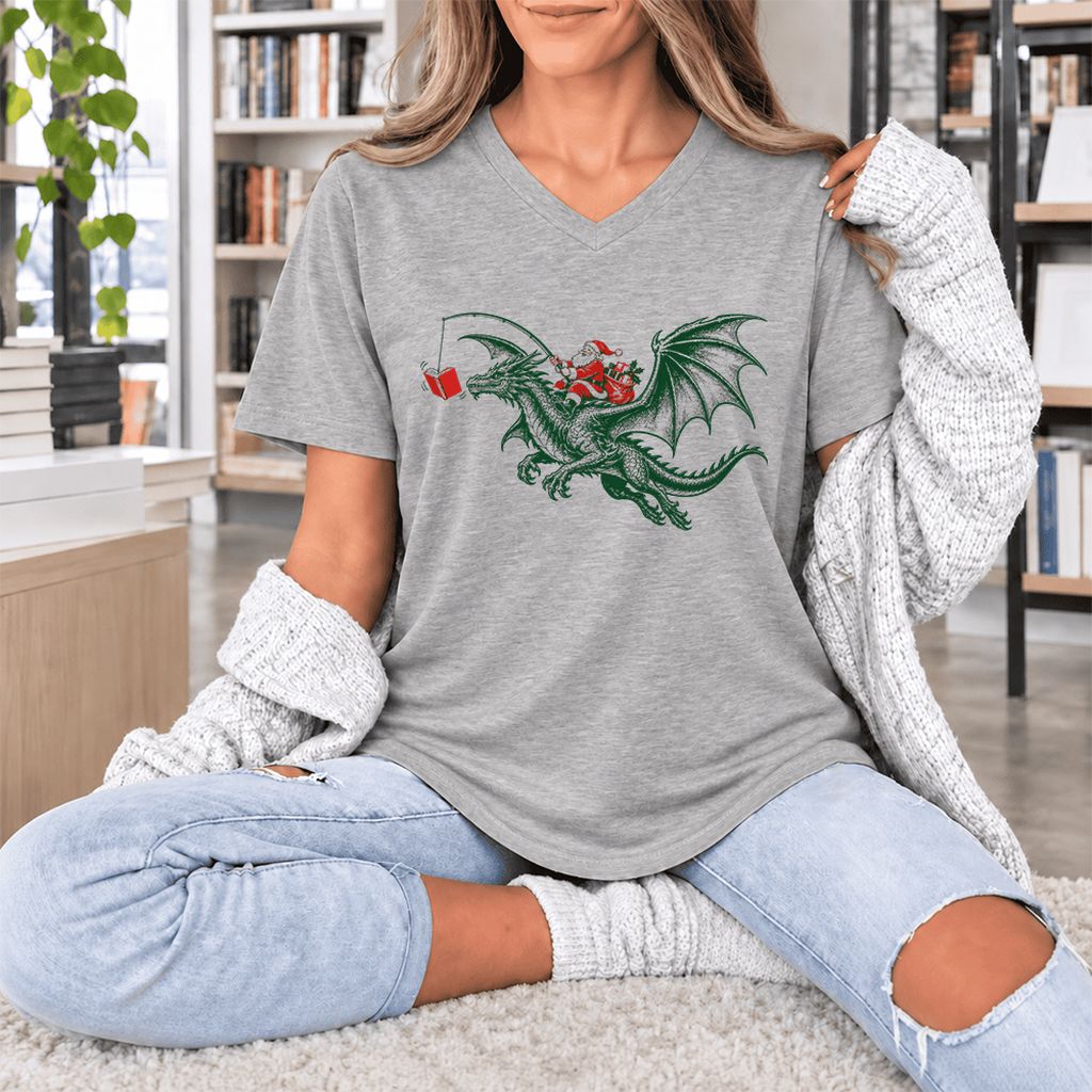Santa Riding Green Dragon Ultra-Soft V-Neck | Christmas Fantasy Reader Gift Athletic Heather
