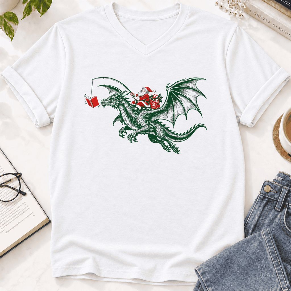 Santa Riding Green Dragon Ultra-Soft V-Neck | Christmas Fantasy Reader Gift White