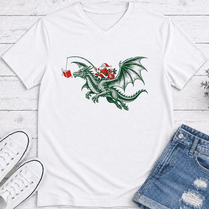 Santa Riding Green Dragon Ultra-Soft V-Neck | Christmas Fantasy Reader Gift White