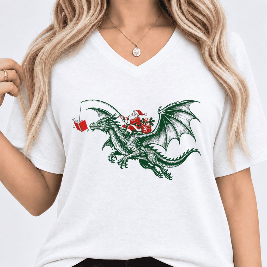 Santa Riding Green Dragon Ultra-Soft V-Neck | Christmas Fantasy Reader Gift White