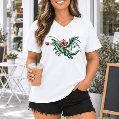 Santa Riding Green Dragon Ultra-Soft V-Neck | Christmas Fantasy Reader Gift White