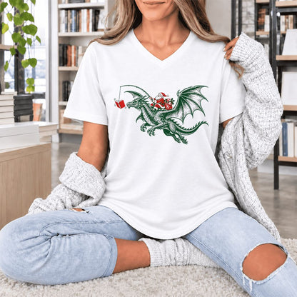 Santa Riding Green Dragon Ultra-Soft V-Neck | Christmas Fantasy Reader Gift White