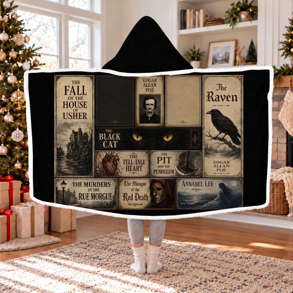 Edgar Allan Poe Library Sherpa Hooded Blanket | Gothic Reader Gift White