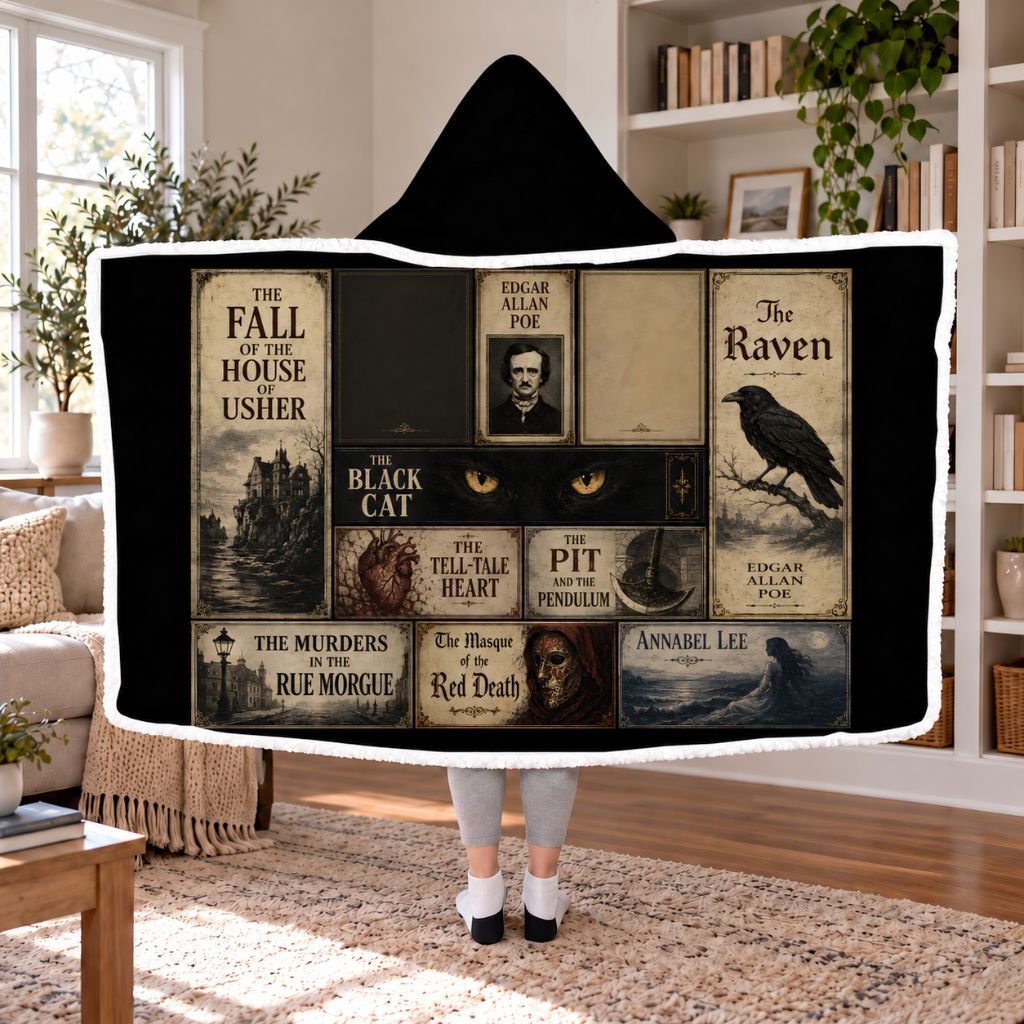 Edgar Allan Poe Library Sherpa Hooded Blanket | Gothic Reader Gift White