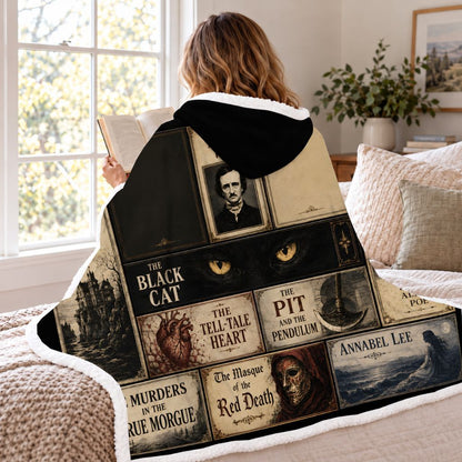 Edgar Allan Poe Library Sherpa Hooded Blanket | Gothic Reader Gift White