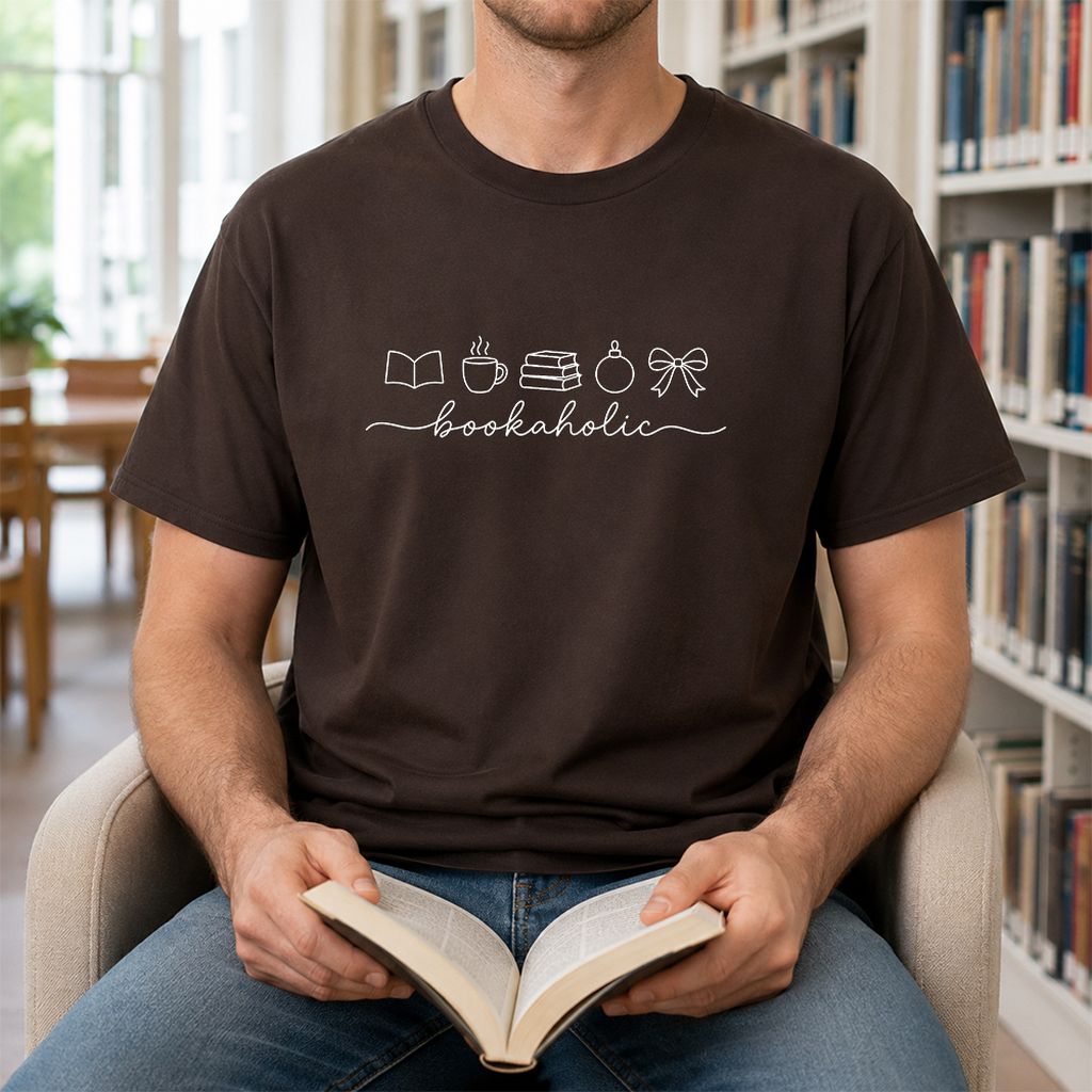 Bookaholic Christmas Printed T-Shirt | Cozy Book Lover Gift Dark Chocolate
