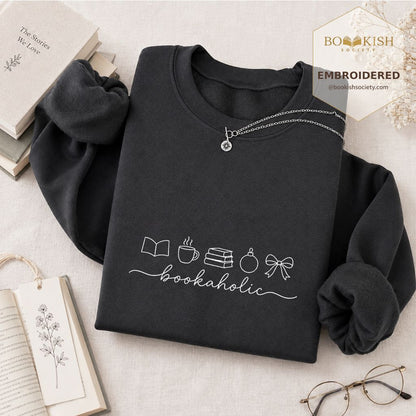 Bookaholic Christmas Embroidered Sweatshirt | Cozy Book Lover Gift Dark Heather