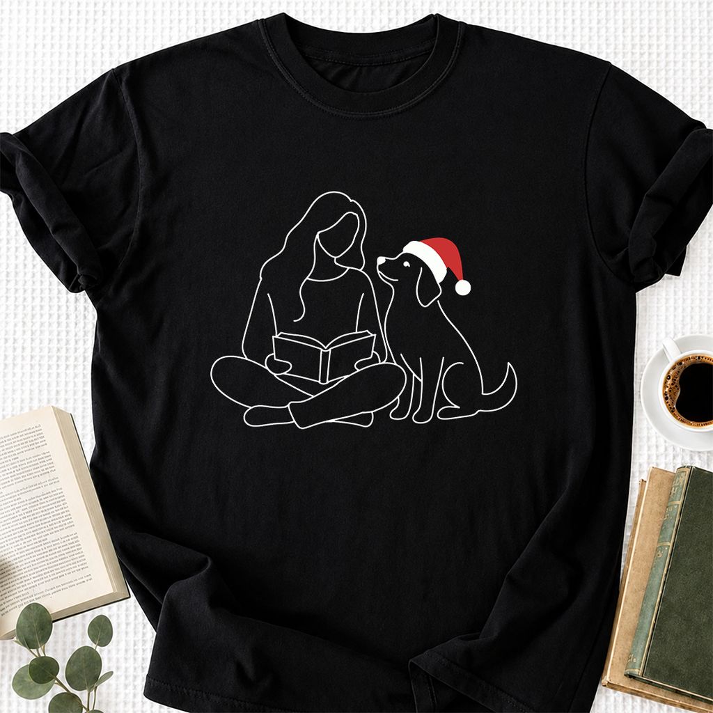 Reading With My Dog Christmas Printed T-Shirt | Dog Lover Reader Gift Black