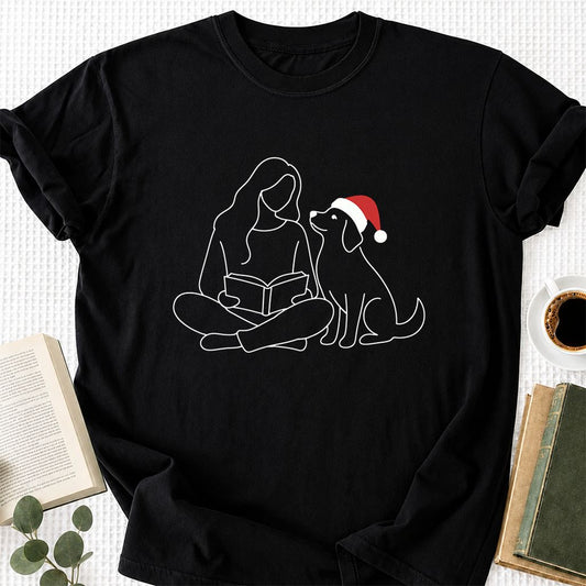 Reading With My Dog Christmas Printed T-Shirt | Dog Lover Reader Gift Black