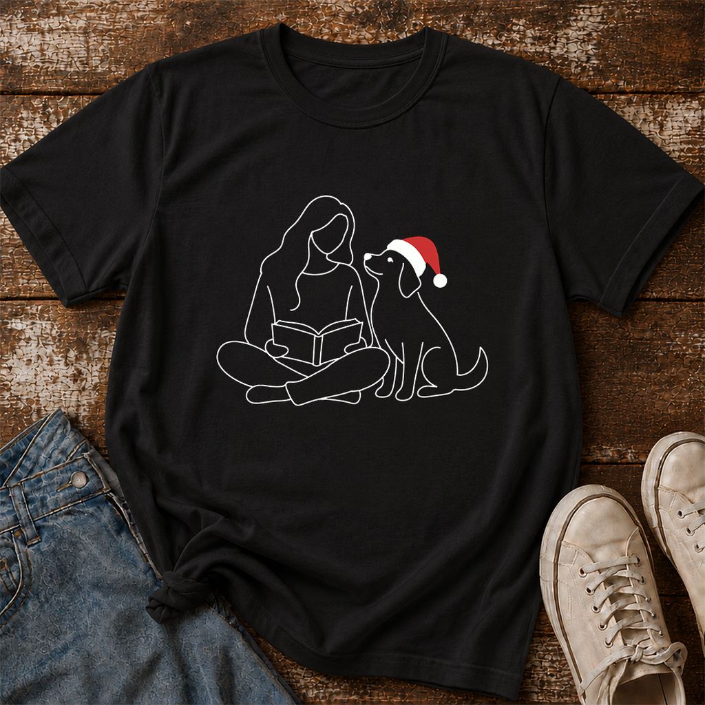Reading With My Dog Christmas Printed T-Shirt | Dog Lover Reader Gift Black