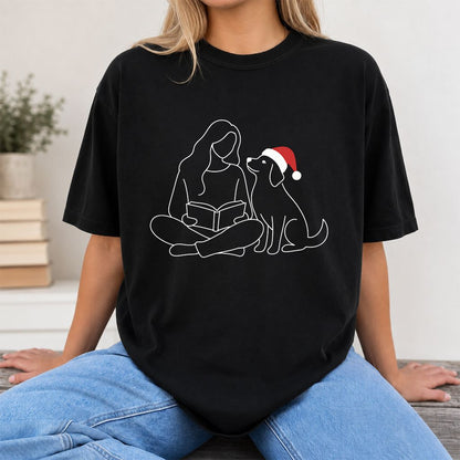 Reading With My Dog Christmas Printed T-Shirt | Dog Lover Reader Gift Black