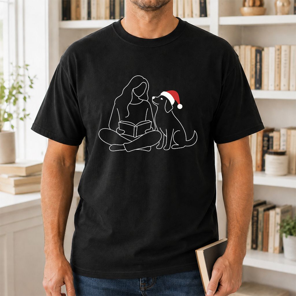 Reading With My Dog Christmas Printed T-Shirt | Dog Lover Reader Gift Black