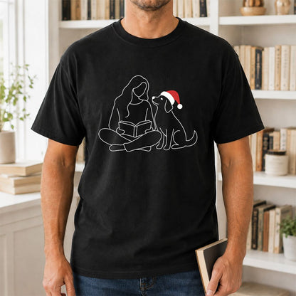 Reading With My Dog Christmas Printed T-Shirt | Dog Lover Reader Gift Black