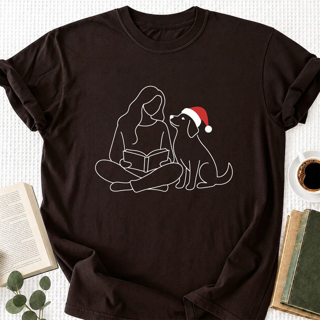 Reading With My Dog Christmas Printed T-Shirt | Dog Lover Reader Gift Dark Chocolate