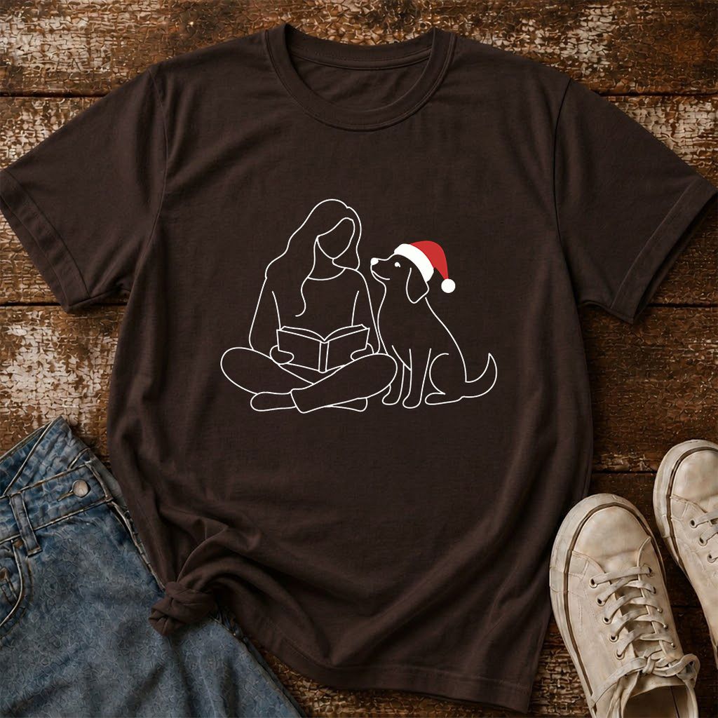 Reading With My Dog Christmas Printed T-Shirt | Dog Lover Reader Gift Dark Chocolate