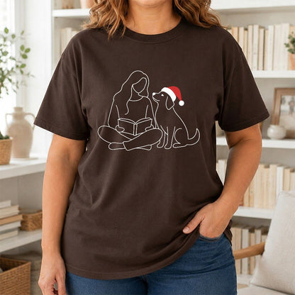 Reading With My Dog Christmas Printed T-Shirt | Dog Lover Reader Gift Dark Chocolate