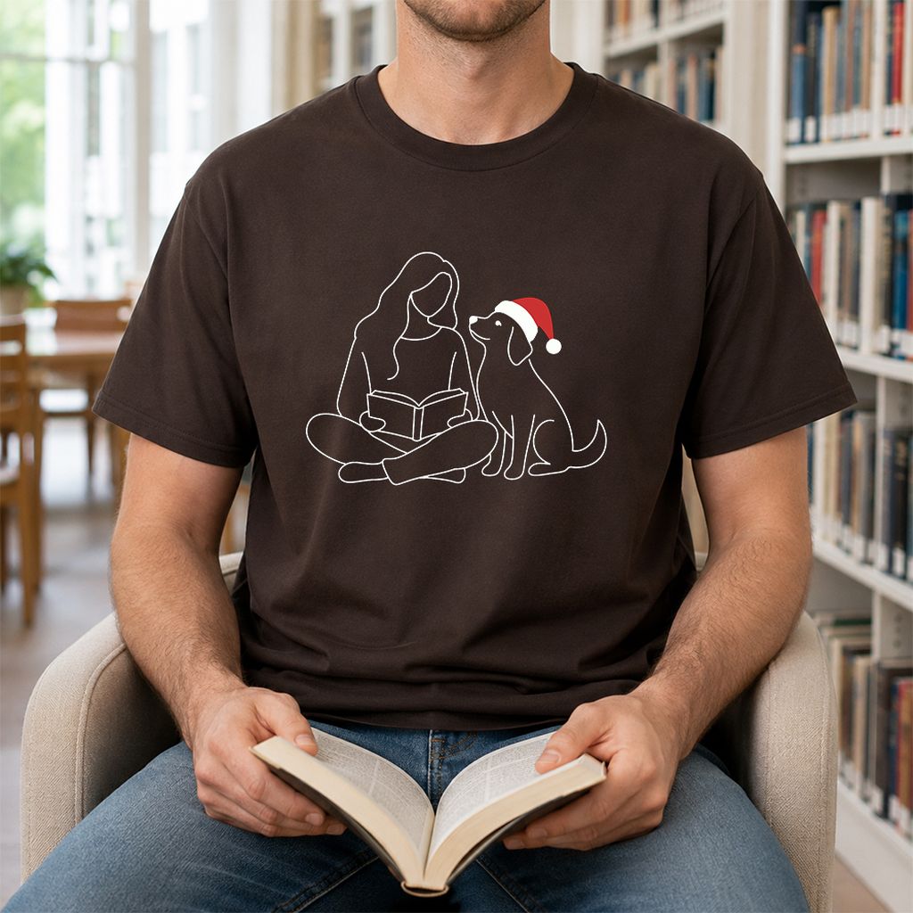 Reading With My Dog Christmas Printed T-Shirt | Dog Lover Reader Gift Dark Chocolate