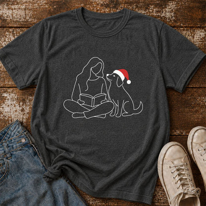 Reading With My Dog Christmas Printed T-Shirt | Dog Lover Reader Gift Dark Heather