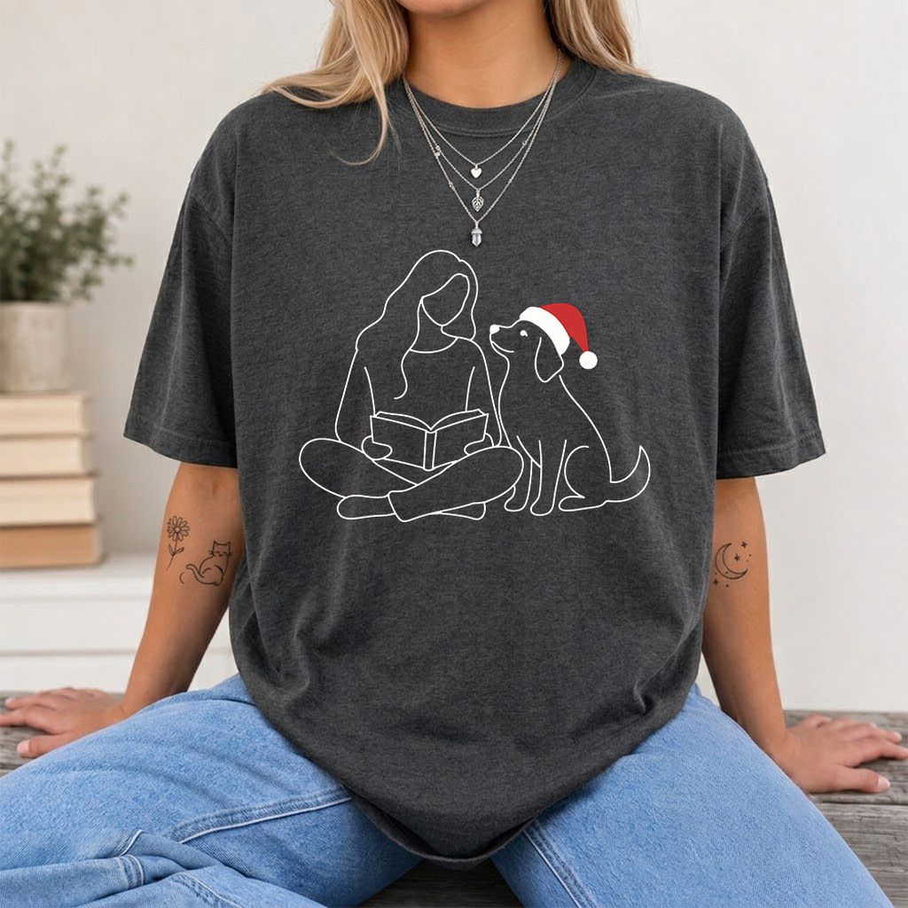 Reading With My Dog Christmas Printed T-Shirt | Dog Lover Reader Gift Dark Heather
