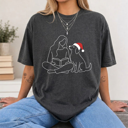 Reading With My Dog Christmas Printed T-Shirt | Dog Lover Reader Gift Dark Heather