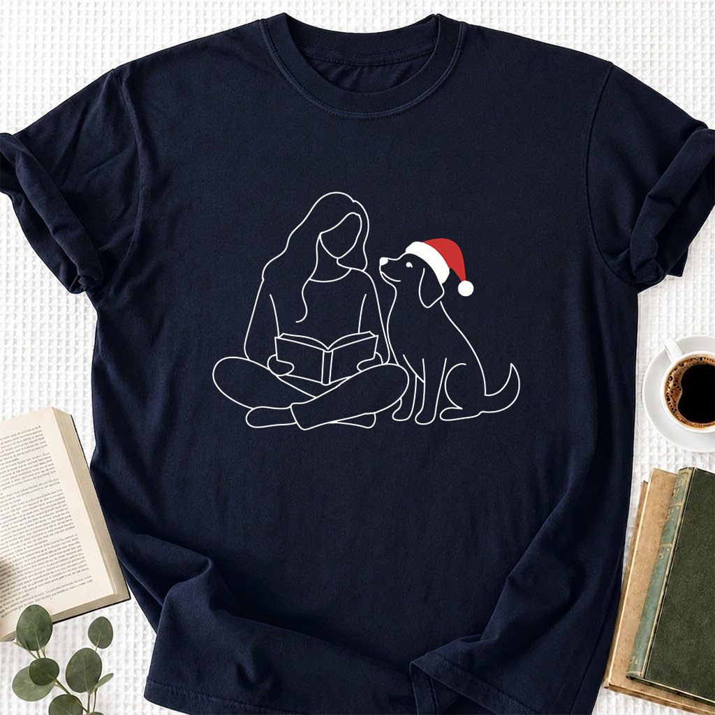 Reading With My Dog Christmas Printed T-Shirt | Dog Lover Reader Gift Navy