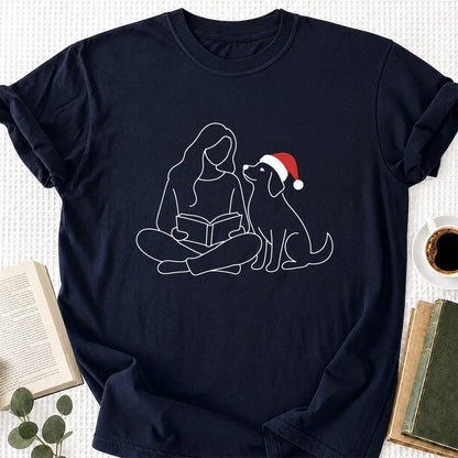 Reading With My Dog Christmas Printed T-Shirt | Dog Lover Reader Gift Navy