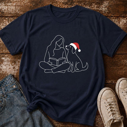 Reading With My Dog Christmas Printed T-Shirt | Dog Lover Reader Gift Navy