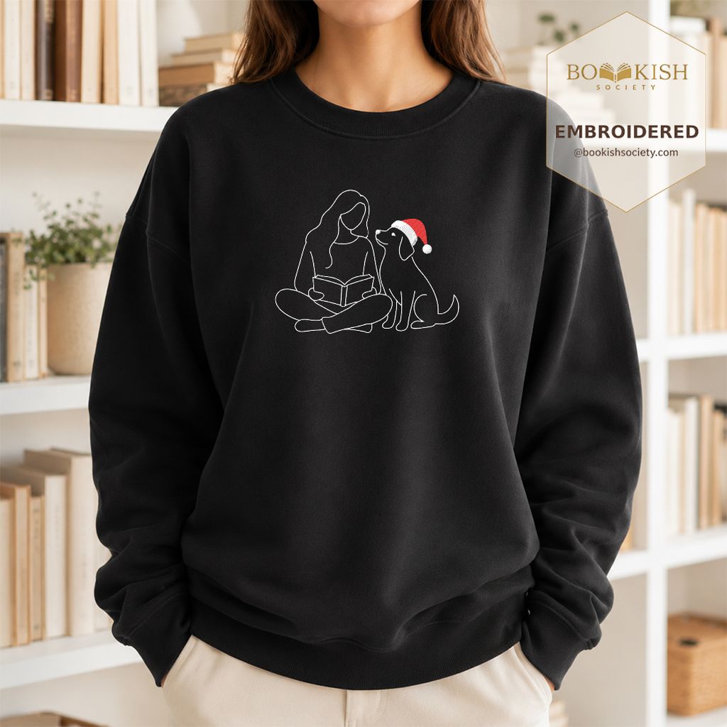 Reading With My Dog Christmas Embroidered Sweatshirt | Dog Lover Reader Gift Black