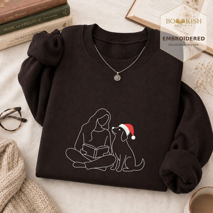Reading With My Dog Christmas Embroidered Sweatshirt | Dog Lover Reader Gift Dark Chocolate