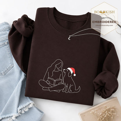 Reading With My Dog Christmas Embroidered Sweatshirt | Dog Lover Reader Gift Dark Chocolate